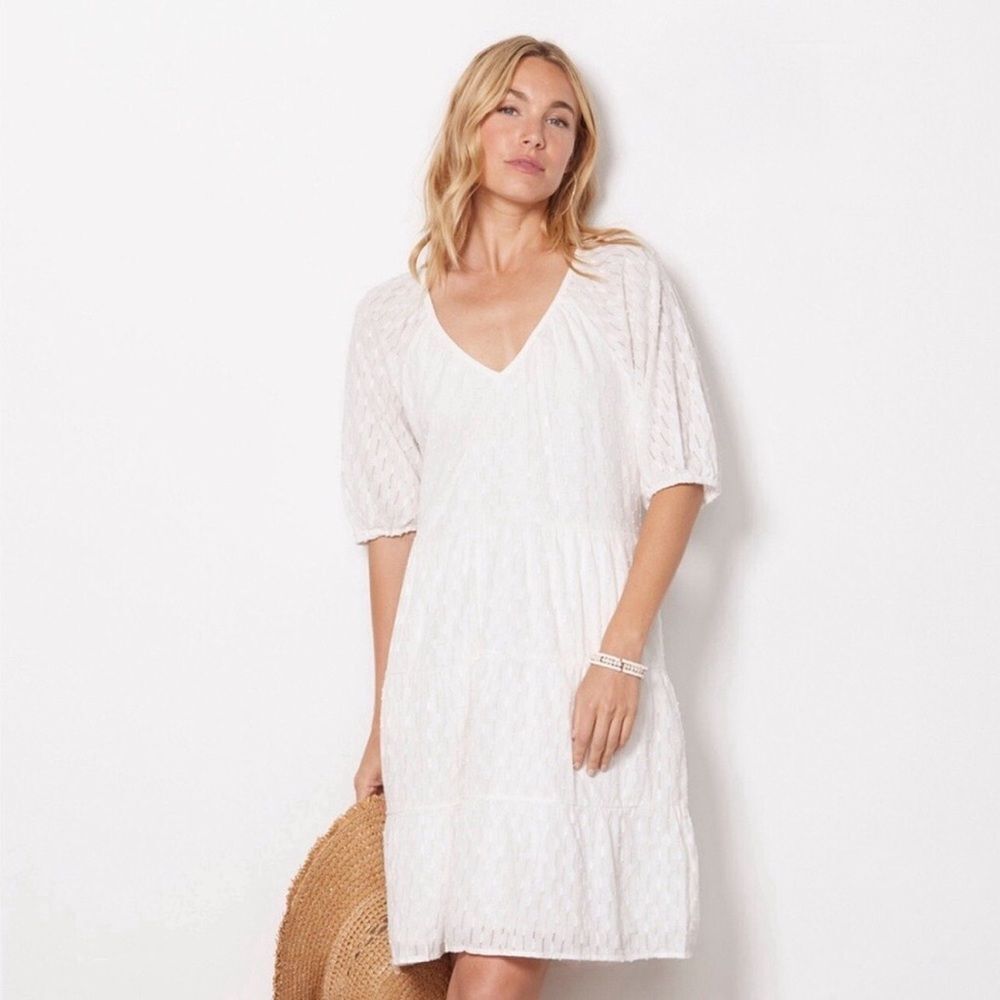 366. Roan + Ryan mini white raglan puff sleeves dress tiered with pockets XS